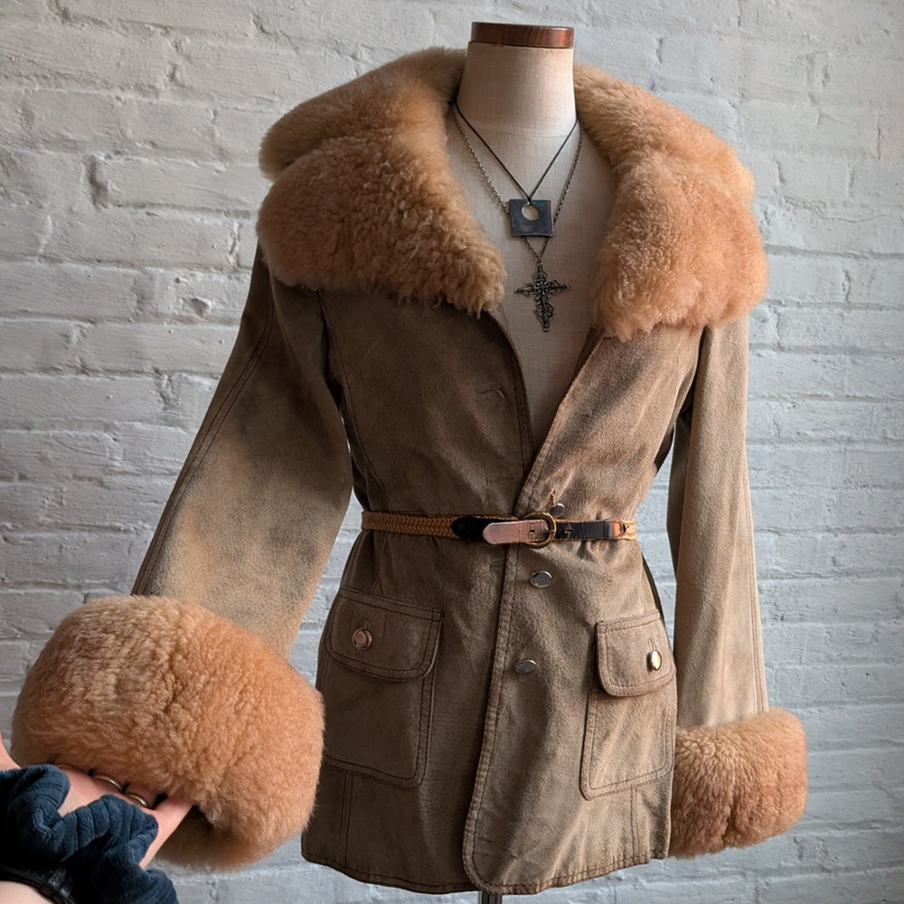 Vintage Leather Jacket Penny Lane Jacket Faux Fur Coat 70s Tapestry Trench Coat - Picture 9 of 16